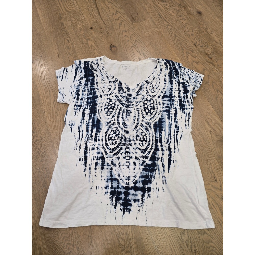 Relativity Womens Blue Tie Dye Lace Rhinestone V-Neck Cotton T-Shirt Large